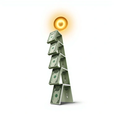 A ladder constructed entirely of folded dollar bills, with intricate details showing the bill designs clearly visible on each step. The ladder ascends towards a shining golden target positioned at the top. The target is circular, reflecting light and giving off a glimmering effect. The surrounding space is filled with a slight shimmer, emphasizing the wealth theme of the scene. The base of the ladder is sturdy, resting on a flat surface, providing a strong foundation for its ascent toward the golden target.