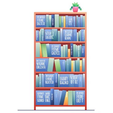 A tall wooden bookshelf is filled with numerous books, all displaying the same title on their spines. The spines are arranged in a neat and organized manner, creating a uniform appearance. The titles are written in bold, white lettering against a deep blue background. The bookshelf is situated in a well-lit room, with warm light illuminating the books. A small potted plant sits on the top shelf, adding a touch of greenery to the scene. The floor beneath the bookshelf is a polished hardwood, contrasting with the rich color of the wood.