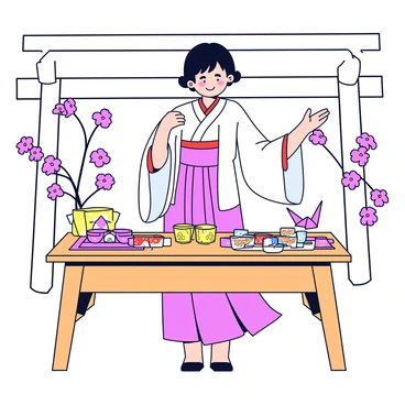 A miko wearing a traditional white kimono with red accents stands gracefully. She is showcasing various traditional artifacts on a wooden table. Items displayed include a set of ornately decorated sake cups, a folded origami crane, and a vibrant woven tapestry. The background features simple wooden shrine architecture with a few cherry blossom branches gently swaying nearby.