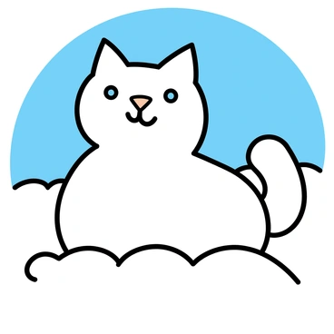 A snow sculpture of a cat, featuring rounded ears and a fluffy tail. The cat has a carrot nose positioned at the center of its face. Its eyes are made of shiny pebbles, giving it a lively expression. The body of the cat is smooth and slightly rounded, with snow piled around its base to resemble a snowy landscape. The overall scene is bright, with a clear blue sky above.