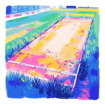 A cricket pitch features a worn grass texture, displaying varying shades of green and brown. There are distinct patches of dirt scattered across the surface, enhancing the rugged appearance. The edges of the pitch are framed by trimmed grass, contrasting with the more rugged central area. Sunlight casts gentle shadows across the pitch, emphasizing the uneven terrain created by wear and use.