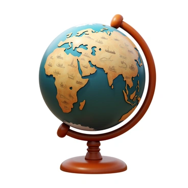 A globe featuring a vintage map design. The surface of the globe is decorated with intricate old nautical symbols. It includes detailed illustrations of ships, compass roses, and mythical sea creatures. The color palette consists of aged browns, deep blues, and muted greens, giving it an antique look. The globe is mounted on a classic wooden stand that enhances its vintage appeal.