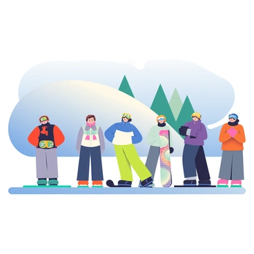 A group of five snowboarders is lined up at the start gate of a downhill competition. Each snowboarder is wearing a unique helmet and goggles that reflect vibrant colors. The first snowboarder has a red and black jacket, and their snowboard features a bright graphic design. The second snowboarder is clad in a blue and white outfit, with a sleek snowboard that has intricate patterns. Next to them, the third snowboarder is dressed in neon green and yellow, leaning slightly forward in anticipation. The fourth snowboarder has a dark purple jacket, showcasing a stylish snowboard with a spiral design. The fifth and last snowboarder is in an orange and gray ensemble, gripping their snowboard tightly and ready to take off. The snowy slope descends sharply behind them, with a clear blue sky overhead and a few tall pine trees dotting the landscape in the background.