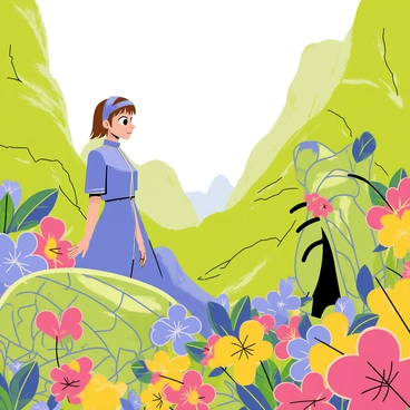 Nausicaa exploring a lush, vibrant valley filled with giant insects and exotic plants.