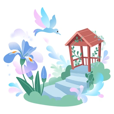 A small garden filled with vibrant irises in various shades of purple and blue swaying gently in the breeze. Among the flowers, tiny mythical creatures are playfully interacting; one is perched on an iris petal, while another is fluttering above, wings shimmering with a spectrum of colors. The garden is surrounded by delicate ferns and soft moss, creating a lush, green base. In the background, a small, intricately designed stone path winds through the garden, leading to a miniature wooden gazebo adorned with vines and blossoms.