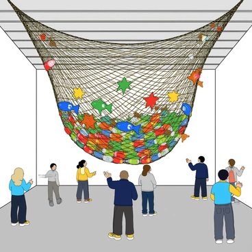 A large art installation featuring a gigantic fishing net made entirely of colorful recycled materials, including plastic bottles, old ropes, and metal scraps. The net is suspended high above the ground, creating an intricate web pattern that glimmers under bright lights. Various sea creatures, such as fish and starfish, are attached to the net, crafted from repurposed materials and painted in vibrant colors. The installation is set in a spacious gallery with white walls and polished concrete floors, allowing the net to be the focal point of the room. Visitors are seen admiring the artwork from various angles, some pointing and others taking photos.