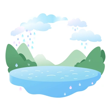 A vibrant illustration of the water cycle. In the center, a large body of water is depicted with rippling surface details, surrounded by lush green landscapes. Above the water, small droplets are rising into the air, representing evaporation. In the sky, fluffy clouds in various shades of blue and white gather, indicating condensation. Below the clouds, a gentle rain is falling onto the ground, illustrating precipitation. The entire scene is filled with gradient pastel colors that blend harmoniously, enhancing the visual representation of the water cycle.