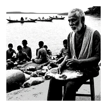 A village elder with gray hair and a weathered face is sitting on a wooden stool near the water's edge. He is wearing traditional clothing with intricate patterns. In one hand, he holds a large dead fish, displaying its detailed scales and fins. Surrounding him are several villagers, including children, who are sitting attentively, listening to his stories. The background features a tranquil waterway, dotted with small boats and fishing nets. The shore is lined with lush vegetation and rocks, creating a serene atmosphere.