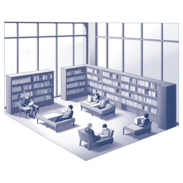 The interior of a modern library in Helsinki features tall bookshelves lined with various books. Large windows allow an abundance of natural light to flood the space, illuminating the wooden floors and contemporary furniture. Several people are scattered throughout, engaged in reading. Some are seated at individual study tables, while others lounge on comfortable chairs, immersed in their books. The layout is open and airy, enhancing the inviting atmosphere of the library.