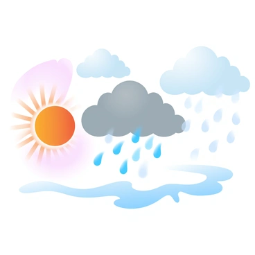 An illustration depicting various weather conditions in one scene. On the left side, a bright orange sun is shining, casting rays that illuminate the surrounding area. In the center, dark gray clouds are pouring down rain with blue droplets falling to the ground. On the right side, fluffy white snowflakes are gently falling from light gray clouds, covering the ground in a soft layer of snow. A gradient pastel color background transitions smoothly from warm tones near the sun to cooler tones near the snow.