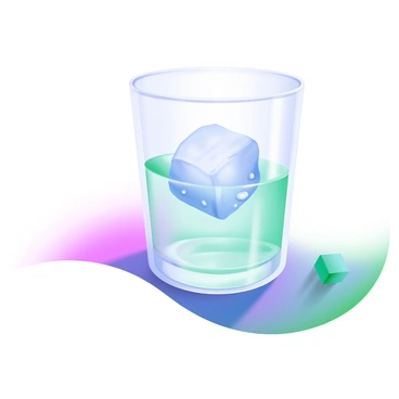 A clear glass filled with water sits on a flat surface. Inside the glass, there is a single ice cube that is partially submerged. The ice cube has smooth edges and a glossy surface, showing small droplets of water forming as it begins to melt. Light reflects off the glass, creating ripples on the surface of the water. The background is softly blurred to keep the focus on the glass and the melting ice cube.