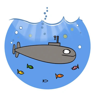 A submarine with a sleek, metallic body is diving beneath the ocean waves. The water is a deep blue color, and sunlight filters down from the surface, creating a dappled light effect. Bubbles trail behind the submarine, rising toward the surface as it moves deeper into the ocean. The surrounding water is filled with small fish swimming around, adding life to the underwater scene. The submarine has a small propeller visible at the back, and its viewing windows reflect the light from above.