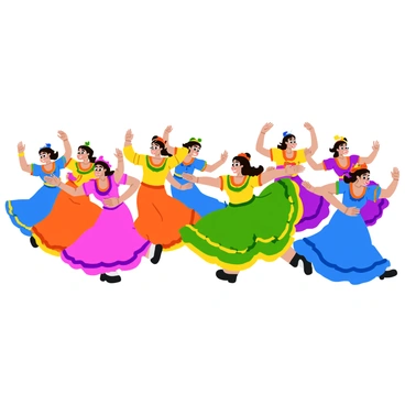 A lively cultural dance performance featuring multiple dancers in colorful costumes. The dancers are engaged in energetic movements, showcasing their skills and enthusiasm. Each costume is adorned with bright patterns and intricate designs, reflecting the vibrancy of community traditions. The dancers are positioned in various dynamic poses, forming a lively composition that captures the essence of the celebration. The scene is filled with a sense of joy and connection as the performers express their cultural heritage through movement.