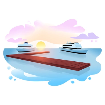 A vibrant sunset is casting a warm glow over a ferry terminal. The sun, positioned low on the horizon, is creating a gradient of pastel colors in the sky, transitioning from soft oranges to gentle pinks and purples. Silhouetted against this backdrop are the docks, with wooden planks leading towards moored ferries. The water reflects the colors of the sky, creating a serene atmosphere. Small waves gently lap at the edges of the docks, adding a dynamic element to the tranquil scene.