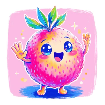 A cute cartoon character resembles a lychee, featuring a round pink fruit body with a textured, bumpy skin. The character has large, expressive eyes that sparkle with joy and a wide, friendly smile. Its tiny arms are raised in a waving gesture, creating a sense of friendliness. The character also has green leaves on top of its head, adding a playful touch to its appearance. The background is simple and bright, enhancing the cheerful nature of the character.