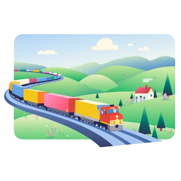 A long freight train with multiple cargo cars is winding through a scenic countryside landscape. The train is painted in vibrant colors, including shades of blue, red, and yellow. In the background, rolling green hills stretch towards the horizon, dotted with patches of wildflowers in various colors. A clear blue sky overhead features a few fluffy white clouds drifting lazily. Alongside the tracks, there are tall, swaying grasses and clusters of trees, adding to the natural beauty of the scene. A small farmhouse with a red roof can be seen nestled among the trees, completing the picturesque rural setting.