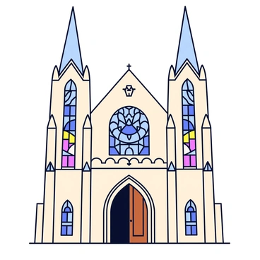 A grand cathedral facade with tall, pointed spires reaching towards the sky. The facade is adorned with intricate stained glass windows, showcasing detailed patterns and vibrant colors. The entrance is marked by large wooden doors, elaborately carved with religious symbols. The overall structure is made of light-colored stone, contrasting beautifully with the colorful glass.
