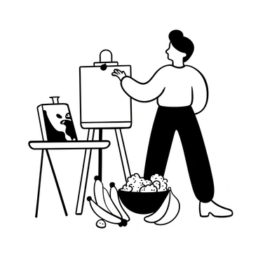 An artist with a paintbrush in hand stands in front of an easel, focused on a canvas. On the table, there is a bowl filled with banana chips, scattered around it. Fresh bananas are placed near the bowl, creating a contrast of textures. The artist's palette, smeared with various shades of black and white paint, rests beside the easel. The background features a simple curtain draped to the side, enhancing the focus on the still life composition. The scene captures the process of creation and the arrangement of the fruits.