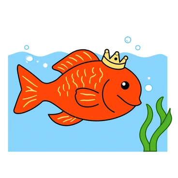 A vibrant red fish swimming in clear blue water. The fish has a shiny, smooth texture and is adorned with colorful scales that glimmer in the light. Atop its head rests a tiny golden crown, intricately designed with small gems. The background features a few playful bubbles rising to the surface, and a couple of green seaweed plants are gently swaying nearby. The scene is filled with a sense of joy and liveliness, showcasing the charming character of the red fish.
