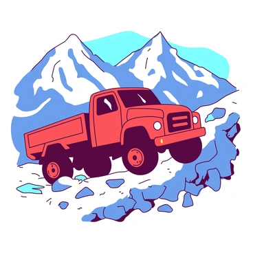 A red truck is navigating a steep mountain path, with its wheels gripping the rocky terrain. The background features towering snow-capped peaks that rise majestically against the sky. The truck's headlights shine brightly, illuminating the pathway ahead. Snow blankets the ground, with patches of ice glistening in the sunlight. The scene captures the rugged beauty of the mountainous landscape, highlighting the contrast between the vibrant red of the truck and the cool white of the snow.
