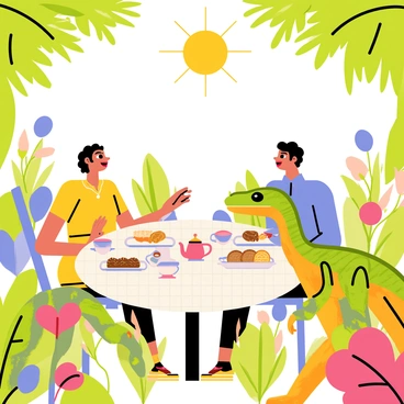 A vibrant tea party scene set in a lush garden filled with colorful flowers and green foliage. A round table is covered with a checkered tablecloth, set with tea cups, teapots, and an assortment of pastries. Two humans, one wearing a sunny yellow dress and the other in a blue shirt, are seated at the table, engaged in conversation. Next to them, two theropod dinosaurs, one with green scales and another with orange feathers, are curiously reaching towards a plate of cookies. The sun is shining brightly, creating dappled light through the leaves overhead.