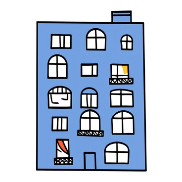 A building facade with a variety of window shapes and sizes. The facade is painted in a light blue color, and there are more windows than typical for a building of this size, creating an effect that resembles an improper fraction. Each window has white frames, and some are open with curtains gently blowing. The design includes a mix of rectangular and arched windows, adding visual interest. The ground floor features larger windows with decorative balconies, while the upper floors have smaller windows, contributing to the overall unique appearance of the structure.