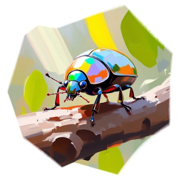 A close-up view of a beetle with a glossy, iridescent shell that reflects shades of green and blue. This beetle has long, slender legs adapted for climbing rough surfaces and specialized mouthparts designed for consuming tough plant material. Its large, multifaceted eyes provide excellent vision in dim light, and its antennae are long and sensitive, detecting subtle changes in the environment. The beetle is perched on a rugged, bark-textured branch, surrounded by vibrant, green leaves in a humid, tropical setting. Sunlight filters through the canopy, creating dappled light patterns on the beetle's body.