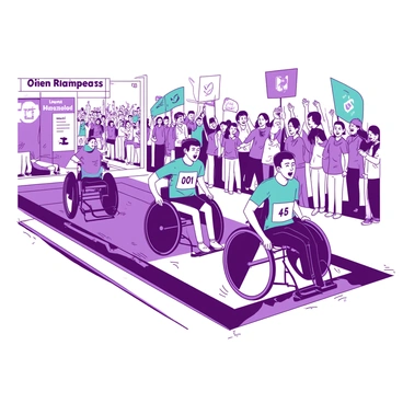 Participants in a wheelchair race crossing the finish line with cheering supporters