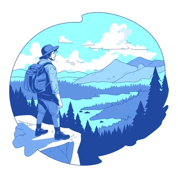 An explorer dressed in rugged outdoor gear stands at the edge of a cliff. The explorer has a determined expression while gazing out across a vast landscape filled with rolling hills, dense forests, and distant mountains. The sky above is expansive, showcasing a mix of clouds and blue, casting shadows across the terrain below. The explorer's stance is firm, with one foot slightly forward, conveying a sense of readiness for adventure. The wind gently tousles their hair, and a worn backpack rests against the rocks beside them.