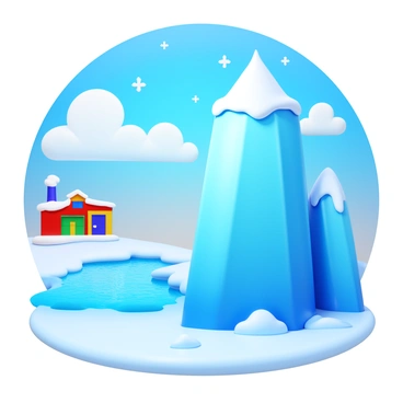 A whimsical North Pole scene featuring large, towering icebergs with a glossy, icy surface reflecting light. In the background, a distant view of "Santa's workshop" with colorful walls and smoke puffing from the chimney. The sky is a bright blue with fluffy white clouds, and snowflakes are gently falling from above. The ground is covered in a thick layer of sparkling snow, creating a bright and cheerful atmosphere.