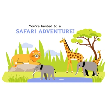 A safari invitation displaying a vibrant scene set in the wild. The background features tall green grass and scattered acacia trees under a bright blue sky. In the foreground, there is a majestic lion with a golden mane lounging on a rock. Nearby, a couple of elephants with large ears and long trunks are drinking from a waterhole. Further back, a group of tall giraffes stretches their necks to nibble on the leaves of a tree. The invitation text reads "You're Invited to a Safari Adventure!" in bold letters, positioned at the top of the image.