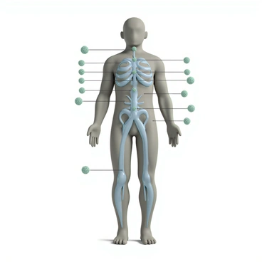 A detailed 3D render of the human lymphatic system, showcasing the intricate network of lymph vessels and nodes. The lymph vessels are shown in a translucent light blue, weaving throughout the body, and clearly displaying their connections. The lymph nodes are represented as small, round, bumpy structures in various sizes, depicted in a vibrant green color for emphasis. The overall anatomical structure is positioned against a neutral background, allowing for clear visibility of each component of the lymphatic system. Labels are included near each lymph node and vessel to indicate their names and functions.
