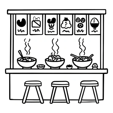 A street-side noodle shop with a wooden counter, displaying steaming bowls of ramen filled with noodles, broth, and various toppings. The shop has several colorful signs hanging above, showcasing the menu items in bold lettering. There are bowls of sliced vegetables and condiments lined up on the counter. A few wooden stools are placed in front of the shop for customers to sit. A soft cloud of steam rises from the bowls, creating a warm and inviting atmosphere.