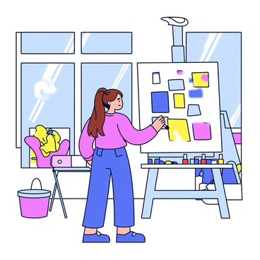 A woman standing in front of a large canvas in an art studio. She has long brown hair tied back in a ponytail. She is holding a paintbrush and is in the process of applying vibrant colors to the canvas. The studio has large windows allowing bright sunlight to stream in, casting soft shadows on the floor. Various paint tubes and a palette are set on a nearby table. The walls are adorned with colorful artwork, enhancing the creative atmosphere.