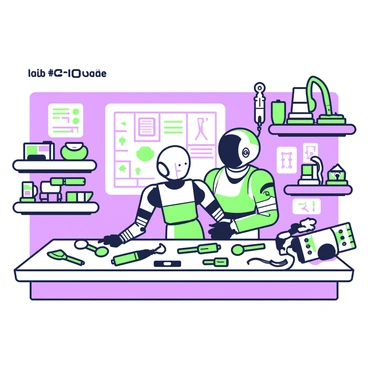 A futuristic repair shop is filled with advanced tools and equipment. In the center, an android is being worked on, its metallic parts are strewn across a large work table. The android has a sleek, humanoid shape with articulated joints. Various components such as wires, circuits, and panels lie scattered around it, showcasing intricate designs. The workshop is illuminated by soft, ambient lighting that highlights the details of the android’s structure. On the walls, there are blueprints and schematics related to android technology. Several shelves hold spare parts and tools organized in a systematic fashion, contributing to the high-tech environment.