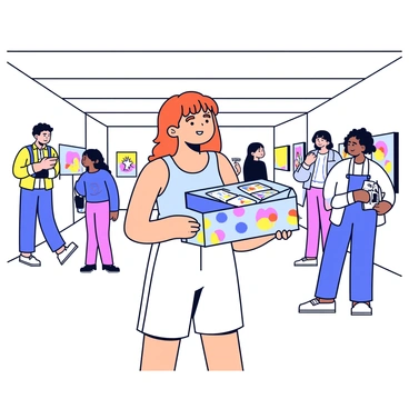 A young woman with orange hair is exploring an art museum. She is dressed in a casual outfit, including a light blue tank top and white shorts. In her hands, she holds an illustrated box that features colorful designs on the exterior. The box is partially open, revealing a mini art gallery inside, filled with small framed artworks. The museum is filled with various art pieces displayed on the walls, and there are some visitors admiring the exhibits nearby.
