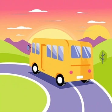 A bright yellow bus is traveling down a winding highway. The bus has large windows that reflect the warm colors of the sunset. On either side of the road, there are lush green hills with a few scattered trees. The sky is filled with vibrant shades of orange, pink, and purple as the sun sets on the horizon. Wispy clouds are illuminated by the sun's rays, adding depth to the scene. In the distance, a range of mountains can be seen, completing the picturesque landscape.