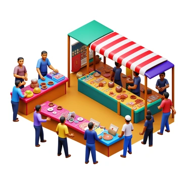 A lively market scene featuring artisans creating handmade goods. The artisans are engaged in their crafts, such as pottery, weaving, and woodworking. There are colorful stalls displaying a variety of products, including handmade jewelry, textiles, and artisanal foods. A diverse group of customers explores the market, interacting with the artisans. The atmosphere is bustling, filled with vibrant colors and textures, representing economic diversity.
