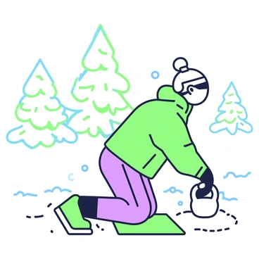 A person is performing renegade rows in a snow-covered field. The individual is wearing warm attire, including a thick, insulated jacket and thermal pants. They are kneeling on a mat to maintain balance, with one hand positioned on the ground and the other holding a kettlebell. The snow blankets the ground, and snowflakes can be seen gently falling around them. In the background, there are snow-covered trees, creating a wintery landscape. The person's breath is visible in the cold air, adding to the scene's chilly atmosphere.