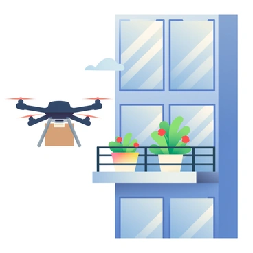 A drone with a sleek black body is flying towards a high-rise apartment balcony. The drone has four propellers spinning rapidly and is carrying a small brown package securely attached to its underside. The balcony has metal railings and contains a few potted plants, including a vibrant green fern and a flowering plant with red blossoms. The apartment building has large glass windows reflecting the sunlight, and the sky in the background is a clear blue. The drone is positioned just above the balcony, preparing to drop off the package.
