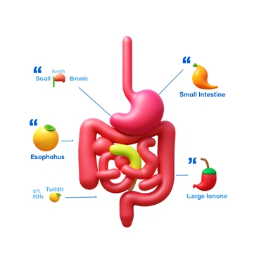 An illustration showing food traveling through the digestive tract. The image features the mouth, esophagus, stomach, small intestine, and large intestine, each section distinctly labeled with quotes around the names. The food is depicted at different stages of digestion, starting from the mouth and moving through each part of the digestive system. Each section of the digestive tract is visually characterized by its specific shape and function, highlighting the process of digestion. The labels "Mouth," "Esophagus," "Stomach," "Small Intestine," and "Large Intestine" are prominently displayed near their respective sections.