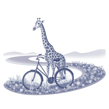 A giraffe is perched atop a bicycle, its long neck extending gracefully. The bicycle is a classic style with a curved frame and large wheels. The path beneath the bike is winding, surrounded by an abundance of flowers in various formations. The flowers are detailed with distinct shapes and sizes, filling the scene with a lush appearance. The background features gentle hills that complement the scenic nature of the path.
