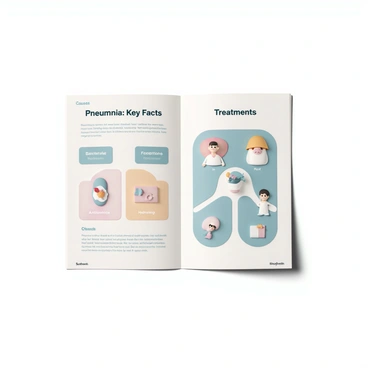 An infographic layout featuring key facts about pneumonia. The title at the top reads "Pneumonia: Key Facts" in bold letters. On the left side, there's a section labeled "Causes," including icons representing bacterial, viral, and fungal infections, along with brief descriptions. The right side includes a section titled "Treatments," showing various treatment options such as antibiotics, rest, and hydration, accompanied by relevant images depicting each treatment method. The background is a light color to enhance readability, with clear and organized sections for easy navigation.