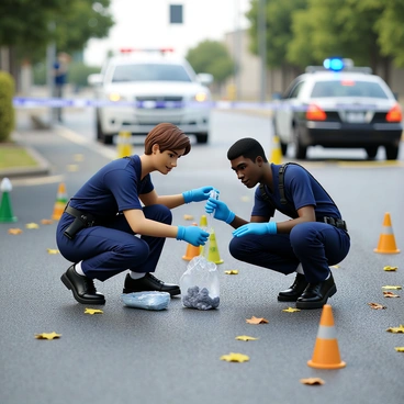 Two agents wearing blue gloves are meticulously collecting evidence at a crime scene. One agent, a woman with short brown hair, is crouched down inspecting a small, clear plastic bag containing a piece of fabric. The other agent, a man with dark hair, is standing nearby, holding a camera to document the scene. They are surrounded by police tape and various evidence markers placed throughout the area. The ground is slightly wet, and there are scattered leaves, indicating it may have recently rained. In the background, a police car is parked with lights flashing, partially illuminating the area.