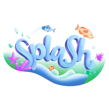 A modern pastel illustration featuring letters formed from ocean waves and sea creatures, spelling "splash." The letters are intricately shaped, with the flowing texture of waves and adorned with colorful marine life, including fish, starfish, and coral. The background consists of a soft gradient of blue and turquoise, reminiscent of clear ocean water. Each letter has a dynamic, fluid appearance, suggesting movement, while the sea creatures add vibrant pops of color to the composition.