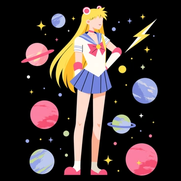 A cartoon-style illustration of "Sailor Moon" standing gracefully in the center of the image. She has long, flowing blonde hair, adorned with a distinctive hairpiece. "Sailor Moon" wears her iconic blue and red sailor uniform with a white collar. Surrounding her are several colorful planets, each varying in size and detail. Bright, sparkling stars twinkle in the dark background, contributing to a cosmic atmosphere. A few shooting stars streak across the scene, adding dynamism to the composition.