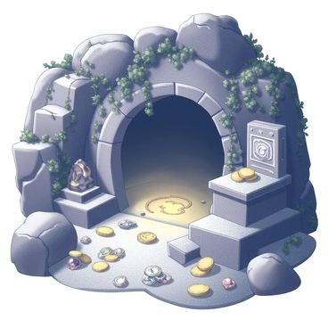 A hidden cave entrance shrouded by overgrown vines and moss-covered rocks. Inside the cave, numerous sparkling treasures are scattered across the stone floor, including gold coins, intricately designed jewelry, and precious gemstones, each reflecting light in different angles. Ancient artifacts are positioned on rocky ledges and worn stone altars, featuring intricate carvings and inscriptions. Some of these artifacts appear to emit a faint glow, illuminating the dark cave with a mystical ambiance. The walls of the cave are rugged and uneven, decorated with mysterious symbols and markings that hint at a long-lost civilization.