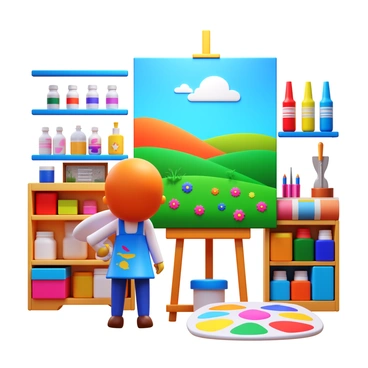 Marie is standing in a bright, well-lit studio filled with various art supplies. She is focused on painting a colorful landscape on a large canvas. There are tubes of paint, brushes of different sizes, and a palette with a vibrant mix of colors scattered around her. The canvas depicts a vivid landscape featuring rolling hills, a blue sky, and a field of flowers. Marie is wearing a painter's apron that is splattered with paint. The scene captures her creativity and the lively atmosphere of the art studio.