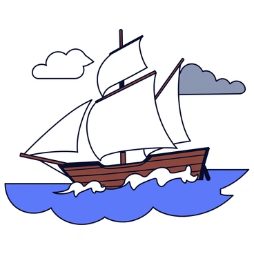 A majestic sailing ship with large, billowing white sails is shown navigating through turbulent waves. The ship has a dark wood hull with intricate detailing along the sides. The sails are full, catching the wind as they are pulled taut against the strong gusts. Dark gray clouds loom overhead, and splashes of white foam rise from the churning sea as the ship cuts through the water. The scene conveys movement, with the ship tilting slightly to one side as it bravely faces the storm.