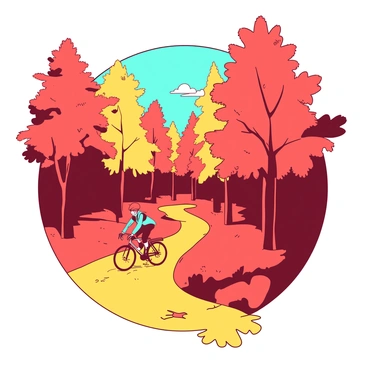 A yellow biking trail winds through a forest filled with orange and red autumn trees. The trees display vibrant leaves in various stages of fall, with some leaves gently drifting down to the ground. A cyclist is riding along the trail, wearing a teal helmet and a comfortable outfit. Soft sunlight filters through the branches, creating dappled patterns on the ground. In the background, a clear blue sky enhances the colors of the scene.